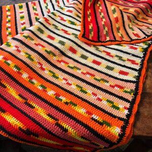 Vintage Hand-Crocheted Afghan Blanket With Multicolor Stripes & Patterns 46" X 1